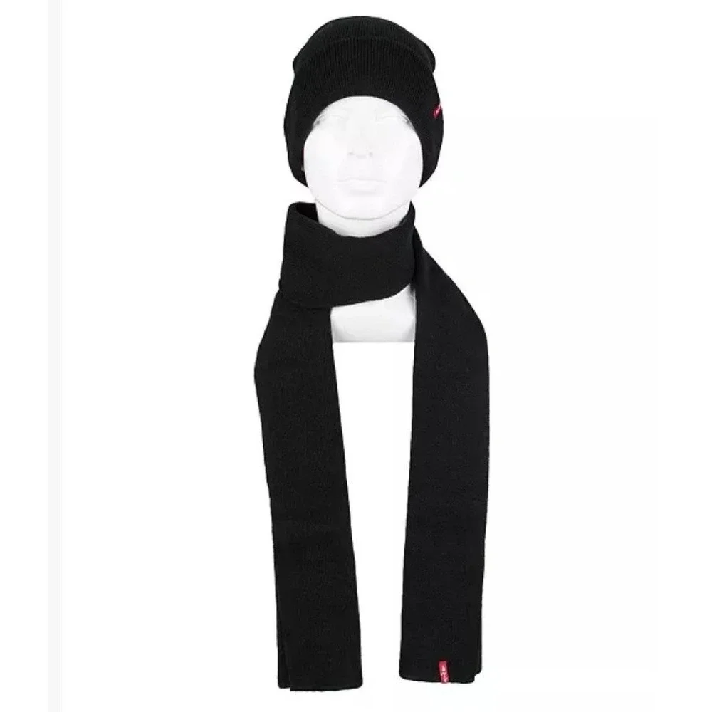 Levis Mens Beanie and Scarf Gift Set Black Knit Winter Accessories,one size. NEW